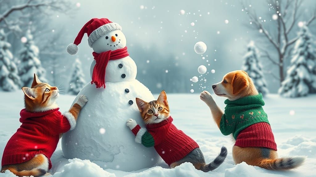 Cats and Dogs Celebrate Christmas in a Snowy Wonderland