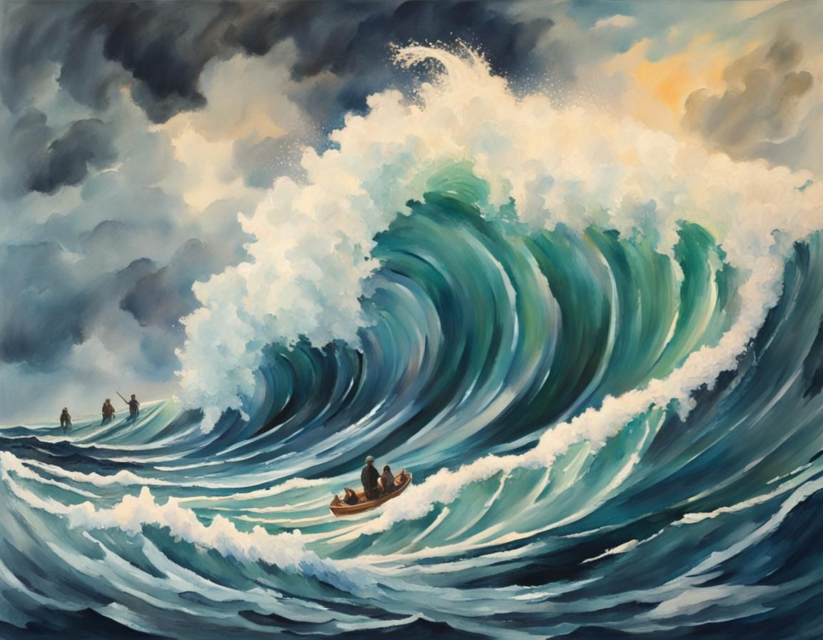 Huge Wave in Stormy Sea as Gouache Impressionist Painting