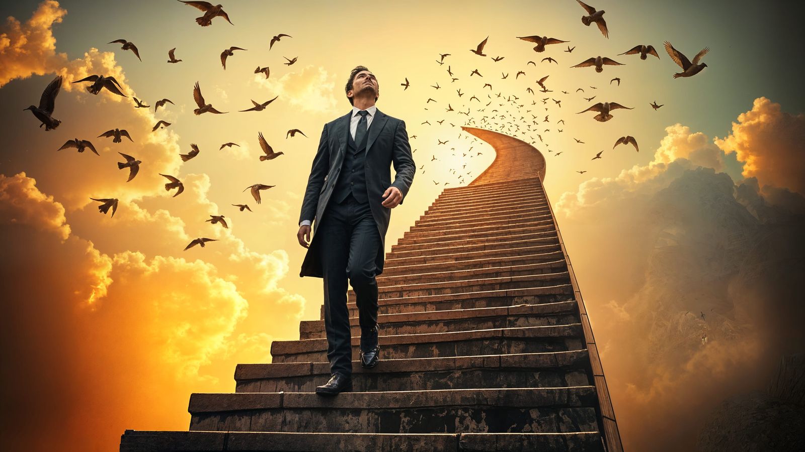 Man Ascending Infinite Staircase in Dreamlike Photo