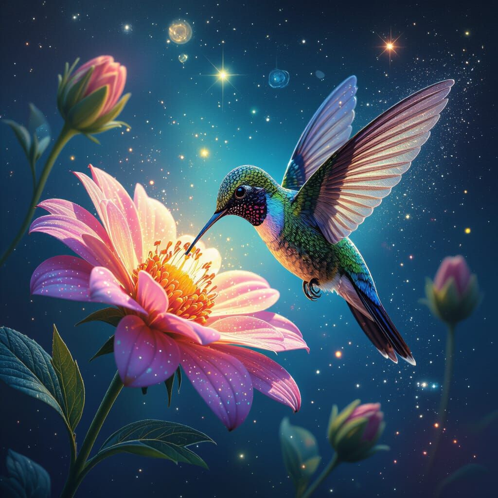 Bioluminescent Hummingbird Sips Nectar from Cosmic Flower