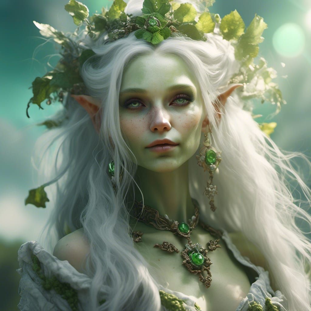 Beautiful Goblin Girl with White Hair and Green Skin