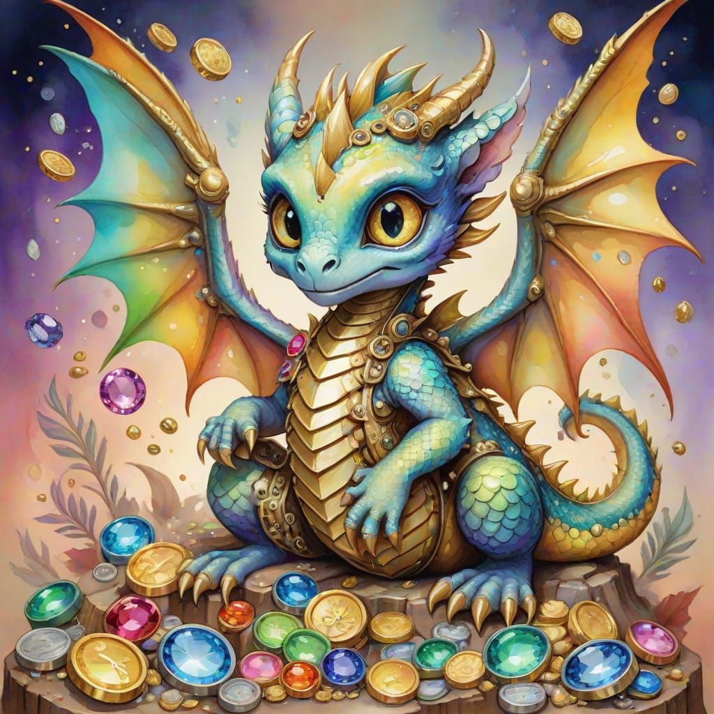 Colorful Baby Dragon on Treasure Horde Watercolor Painting