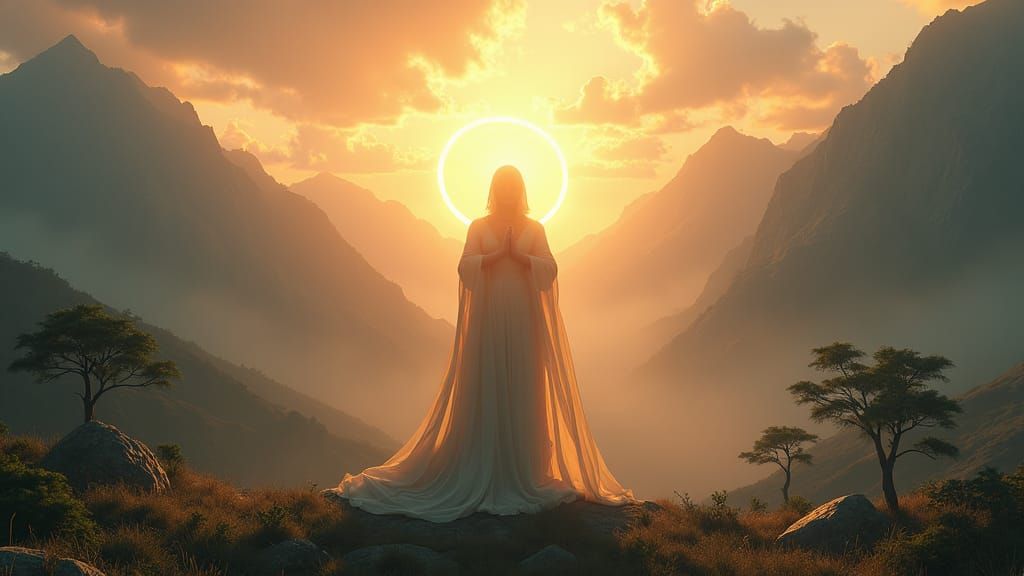 Ethereal Praying Hands in a Fantasy Landscape