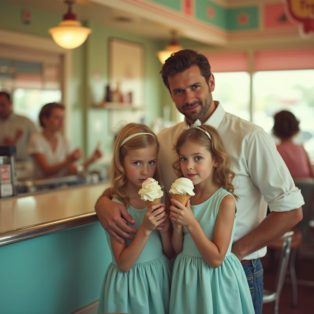 1950s Family at Ice Cream Parlor, Rockwell Style