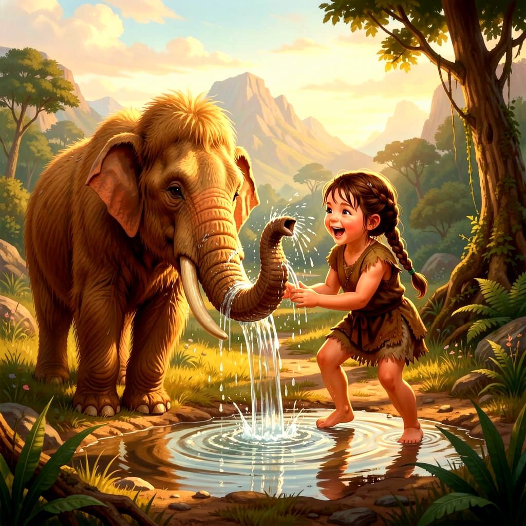 Neanderthal Girl Plays With Baby Woolly Mammoth