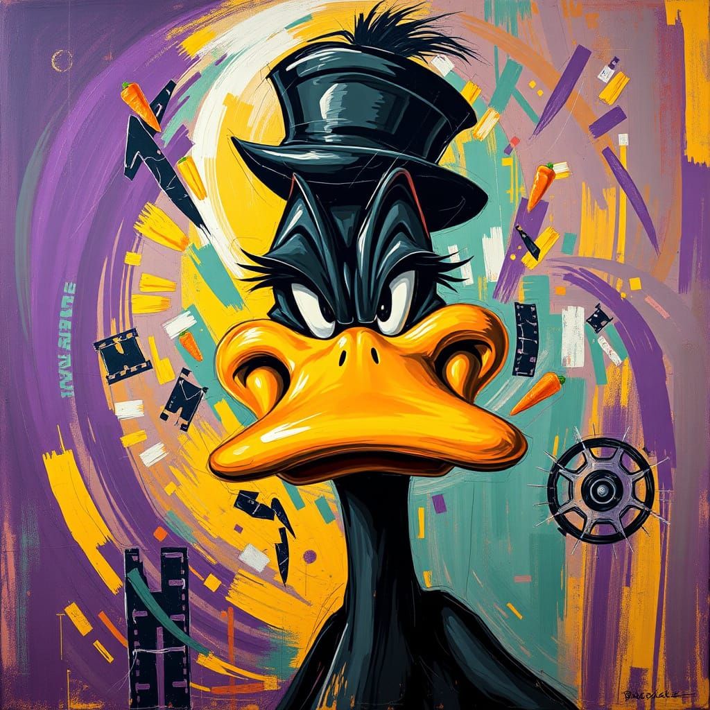 Cubist Daffy Duck Abstract Portrait with Swirling Background