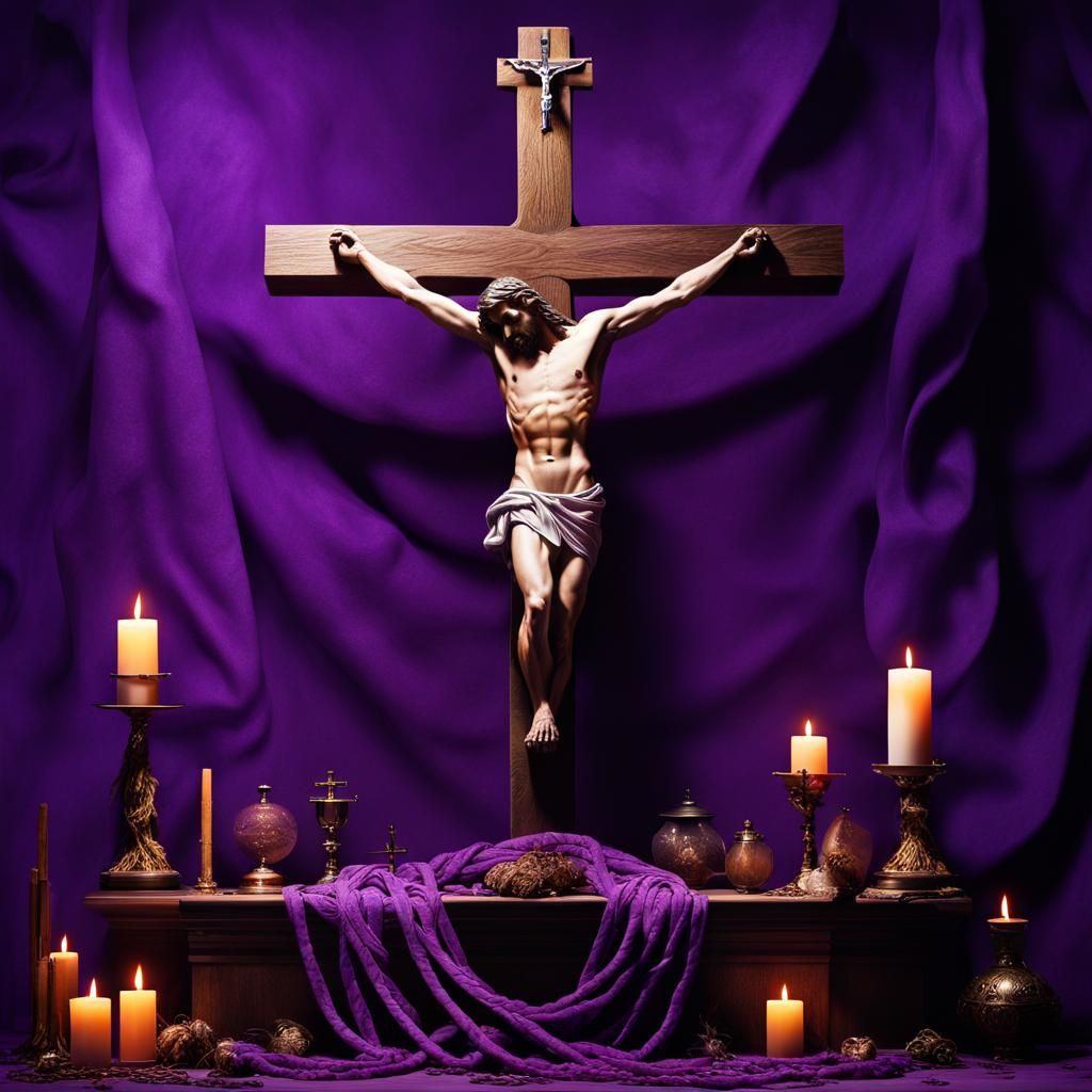 Hyperreal Crucifixion Scene with Instruments of Passion