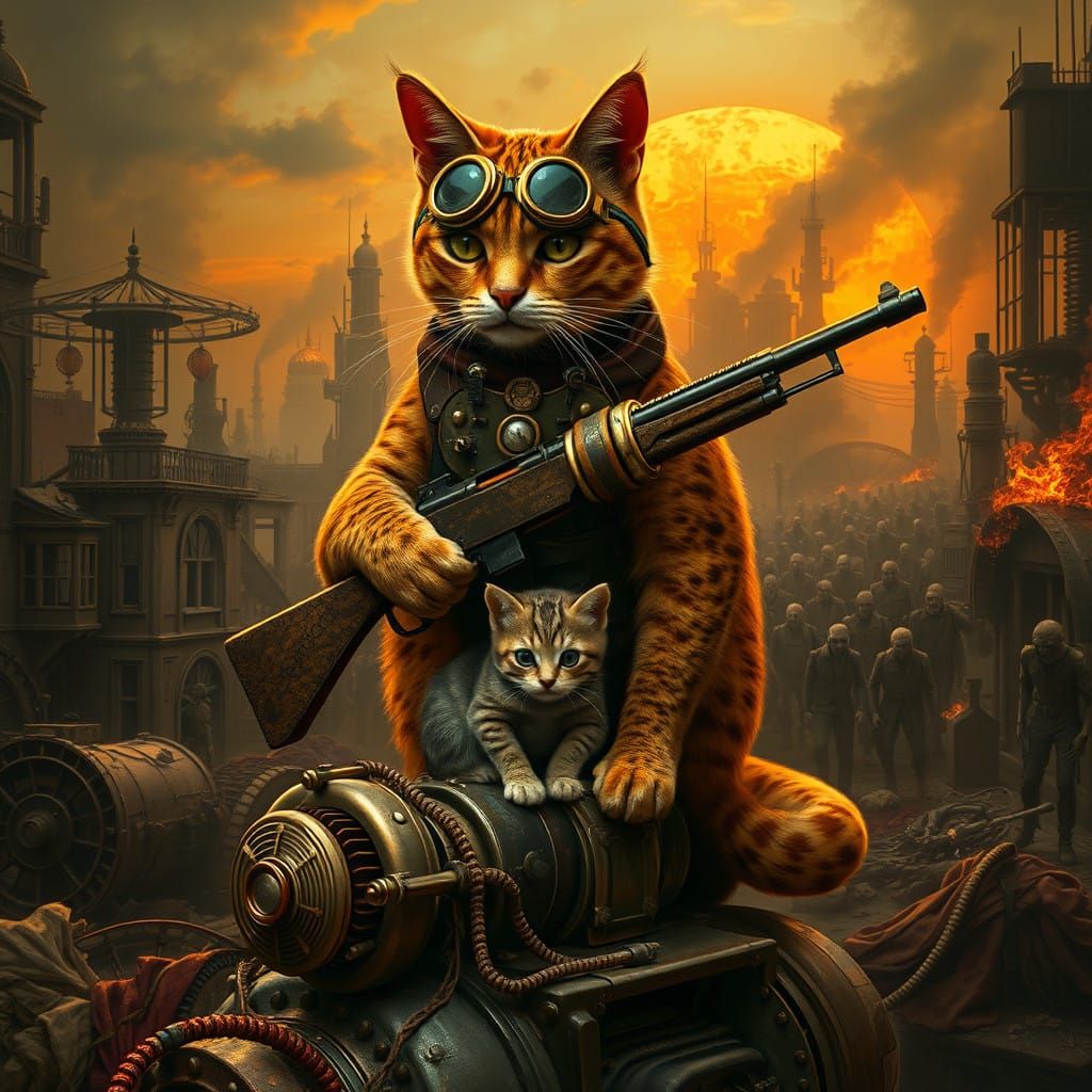 Steampunk Feline Guardian vs Zombies