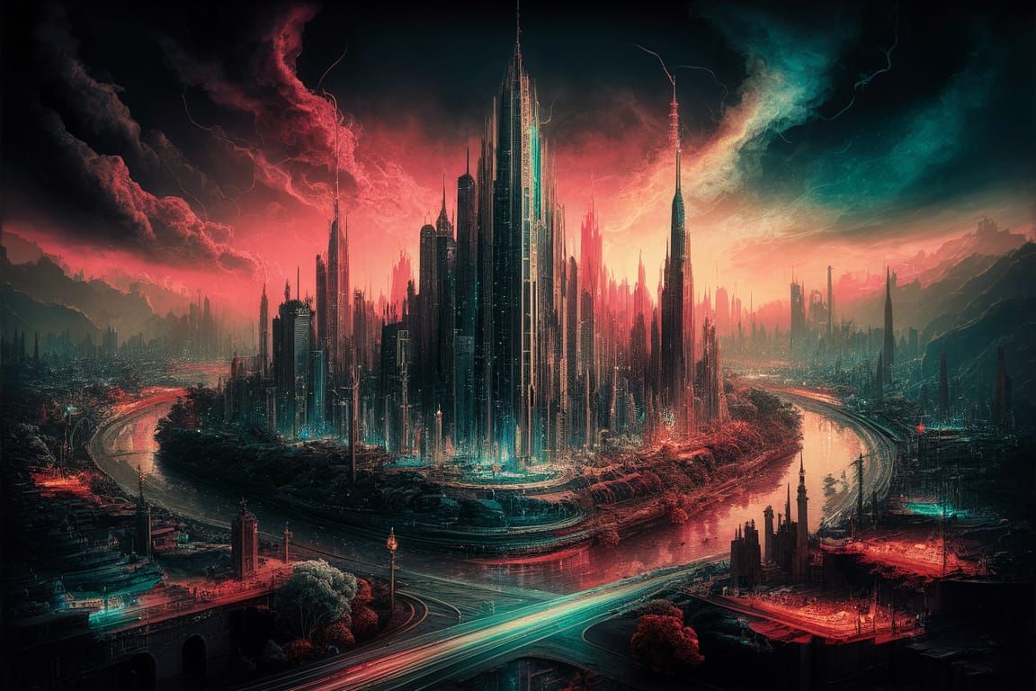 Cityscape in Galaxy Glass with Atmospheric Perspective