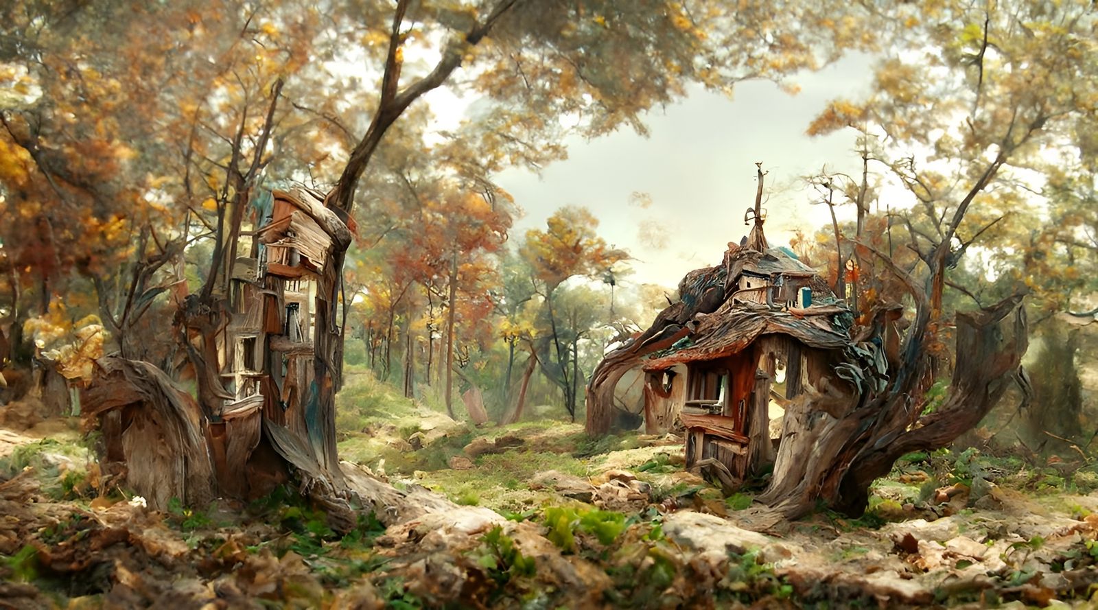 Autumn Treehouse Village in Hyperreal Digital Art