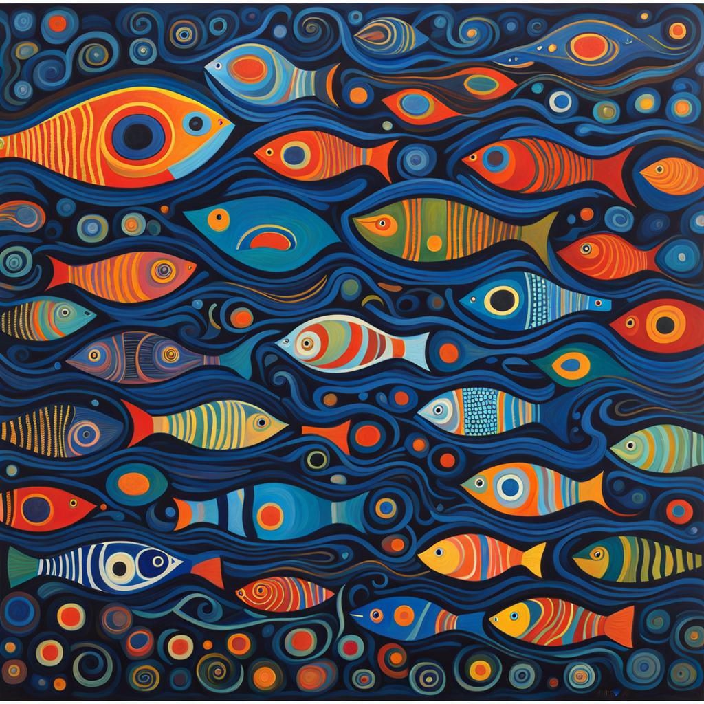Electric Blue Eels Dance in Deep Sea, Hundertwasser Style