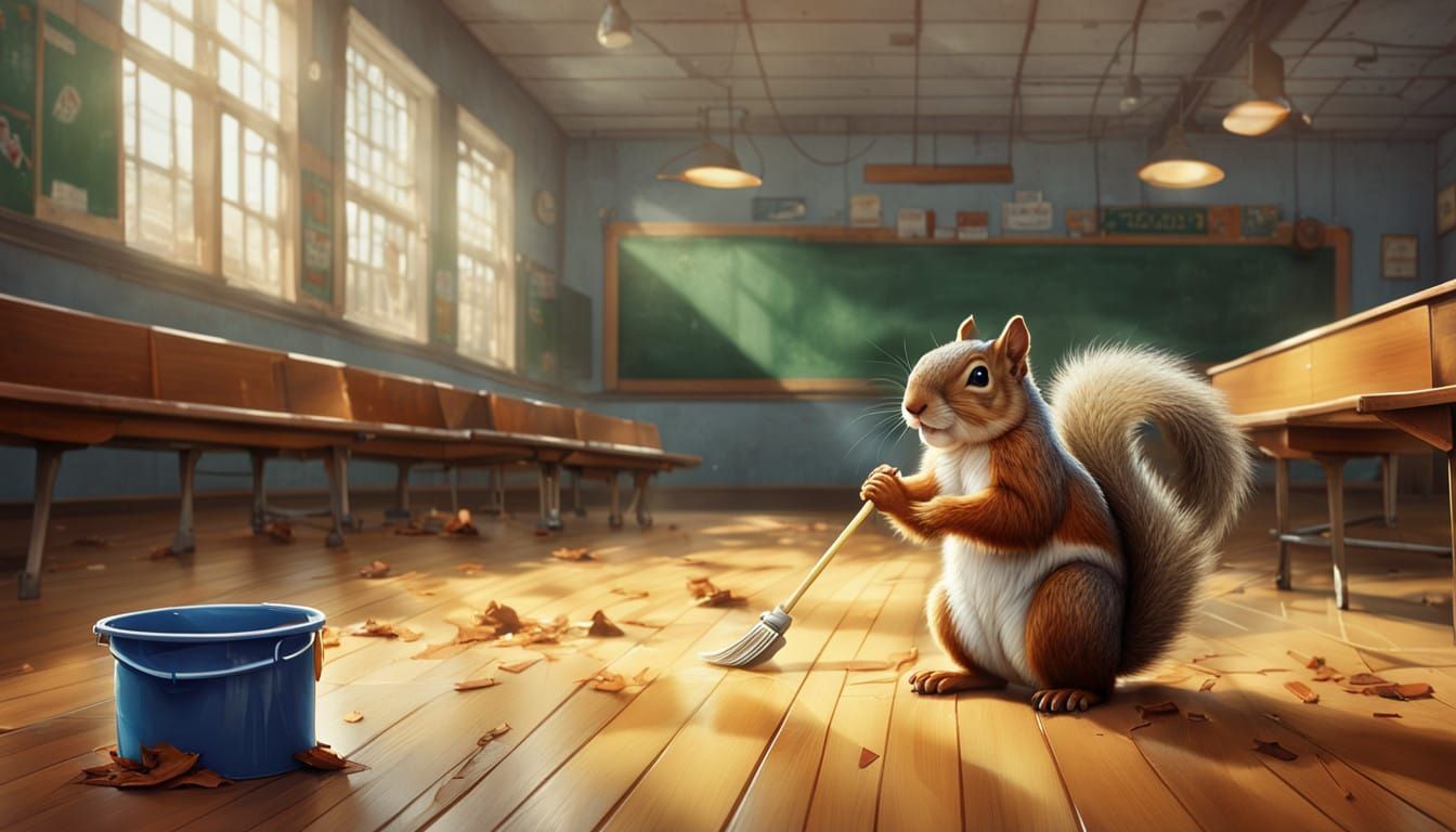Whimsical Janitor Squirrel in a Warm Winter Scene, Rendered....