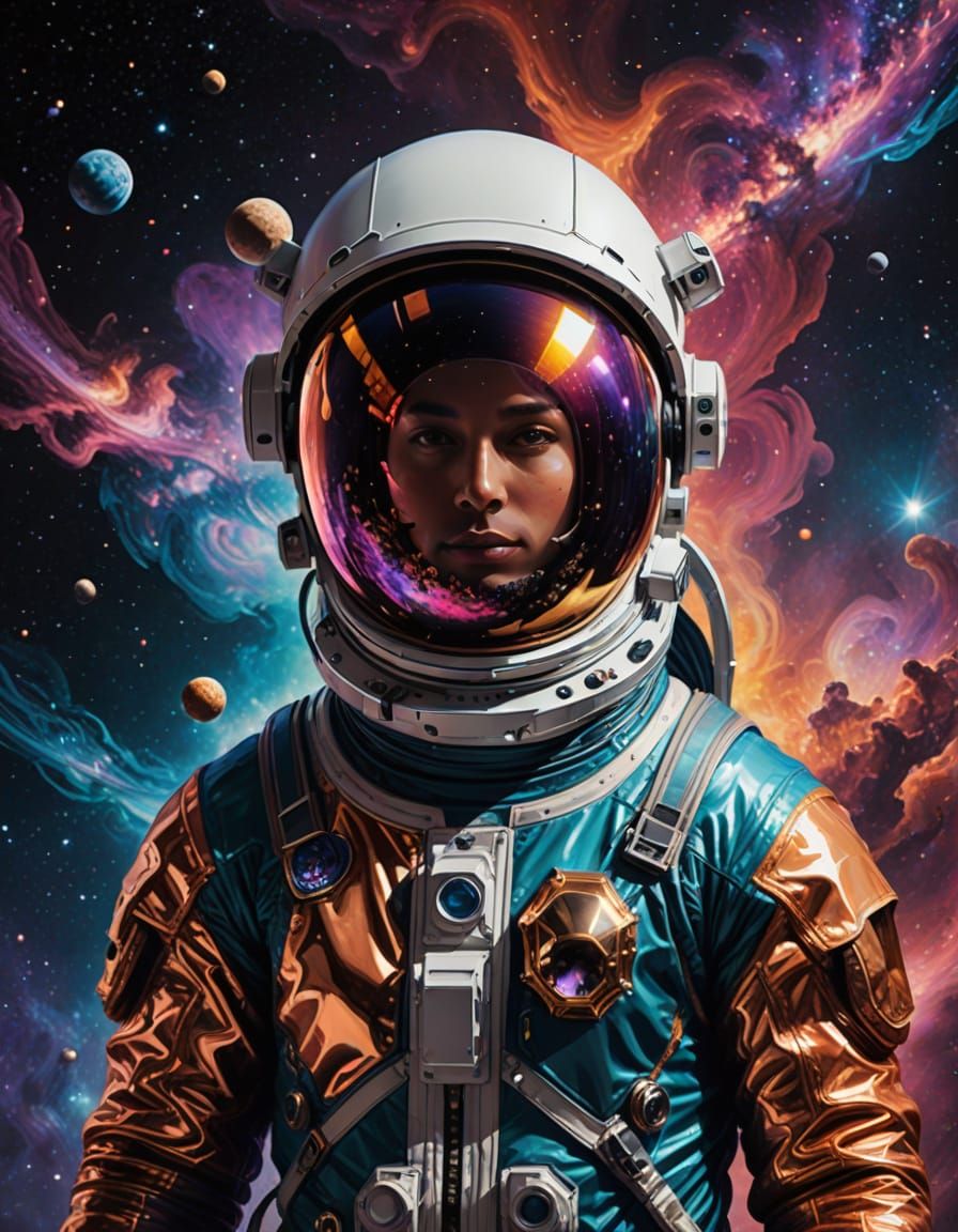 Astronaut's Helmet Reflects Alien Galaxy Portrait