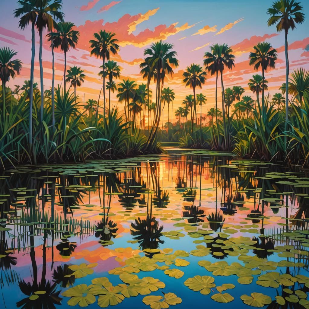 Vibrant Everglades Sunset in Pop Art Style