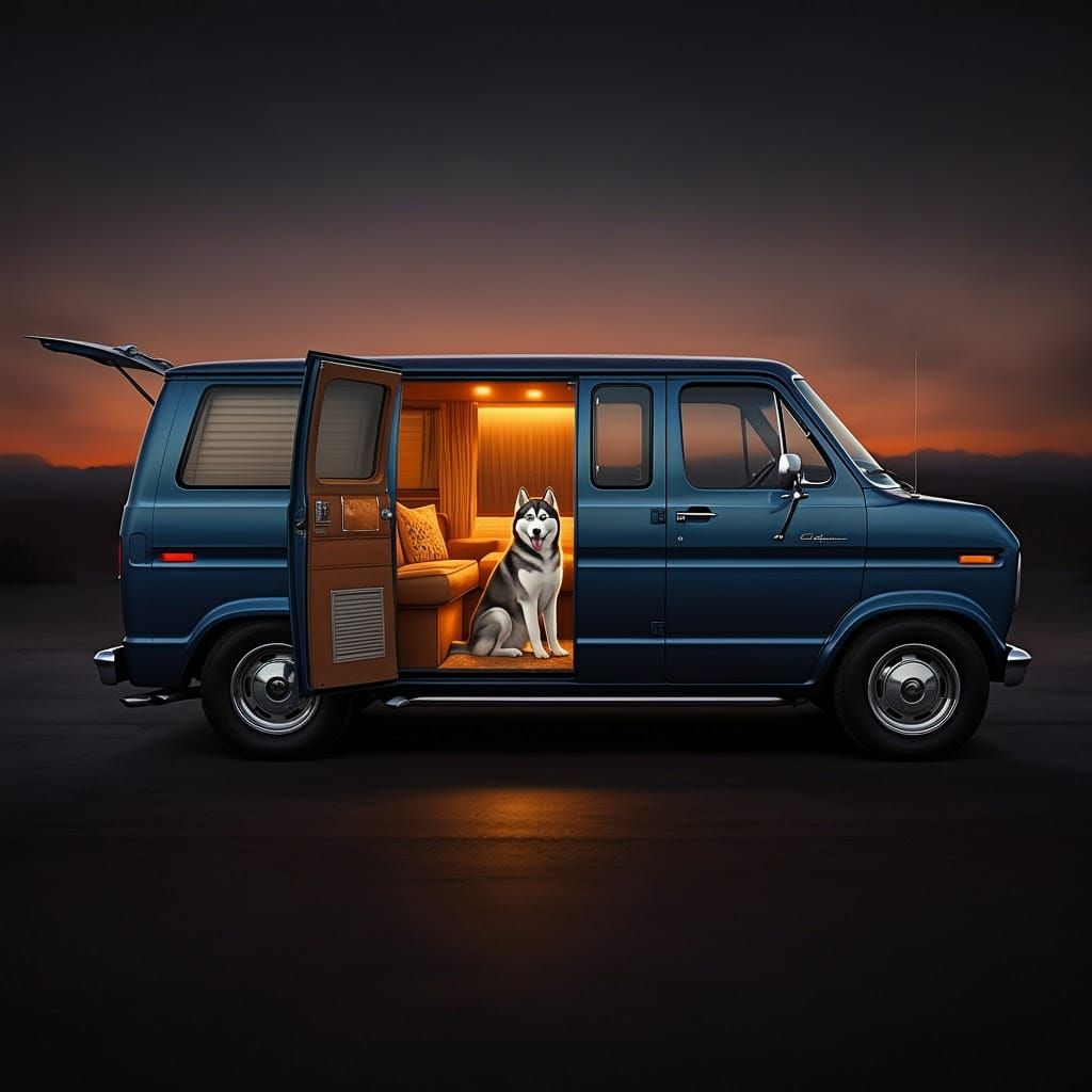 Midnight Blue Retro-Futuristic Van with Regal Husky
