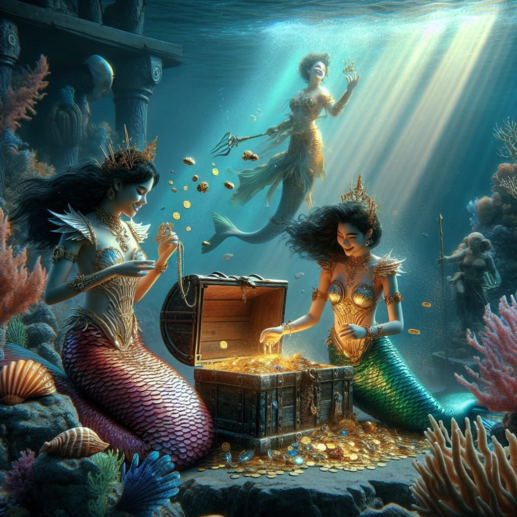 Mermaids Discover Treasure Chest Underwater