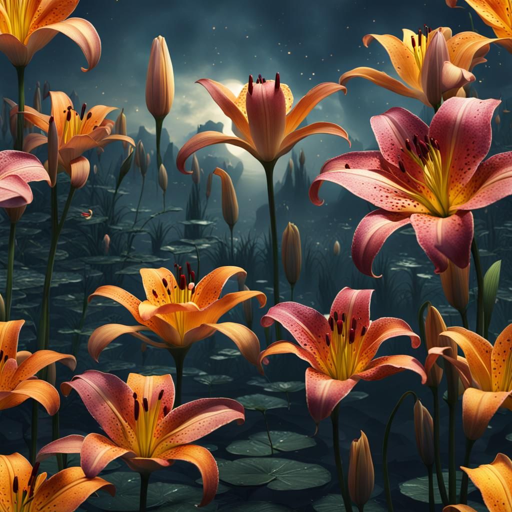 Detailed Lily Flowers Fantasy Concept Art