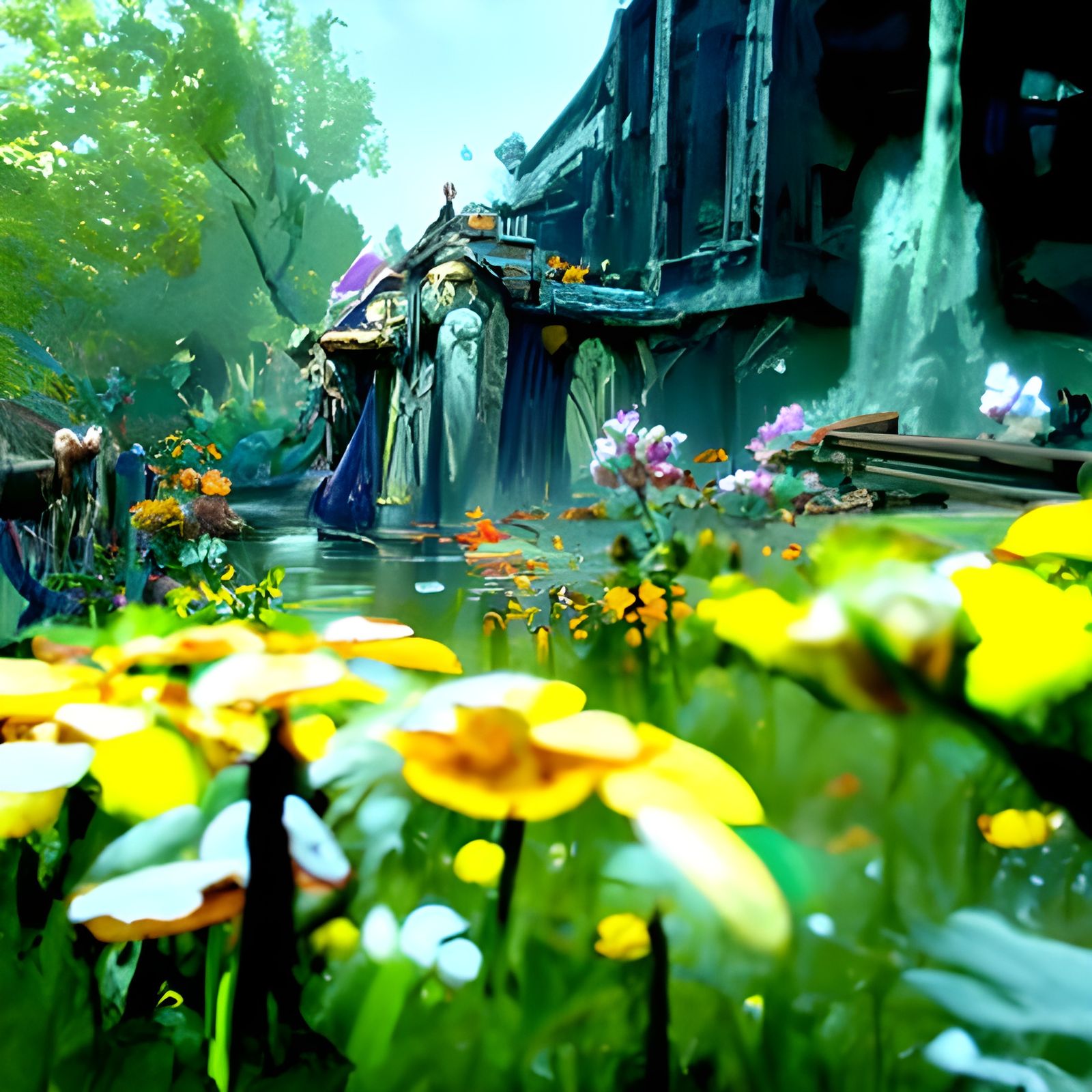 Lush Hobbit City with Waterfalls: Fantasy Concept Art