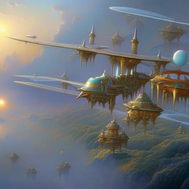 Futuristic Flying Machine in Ethereal Fantasy Landscape