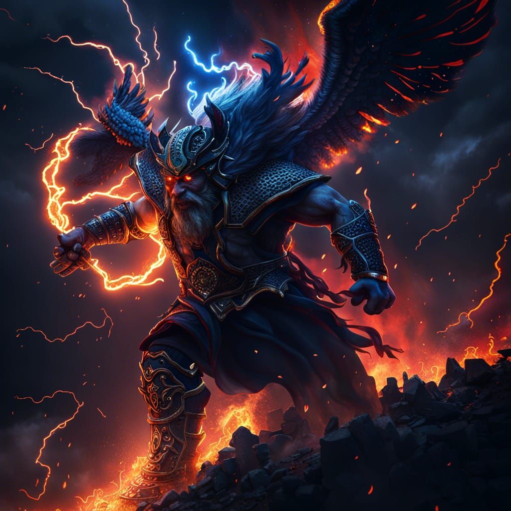 Odin's Fiery Battle Under Thunderous Skies