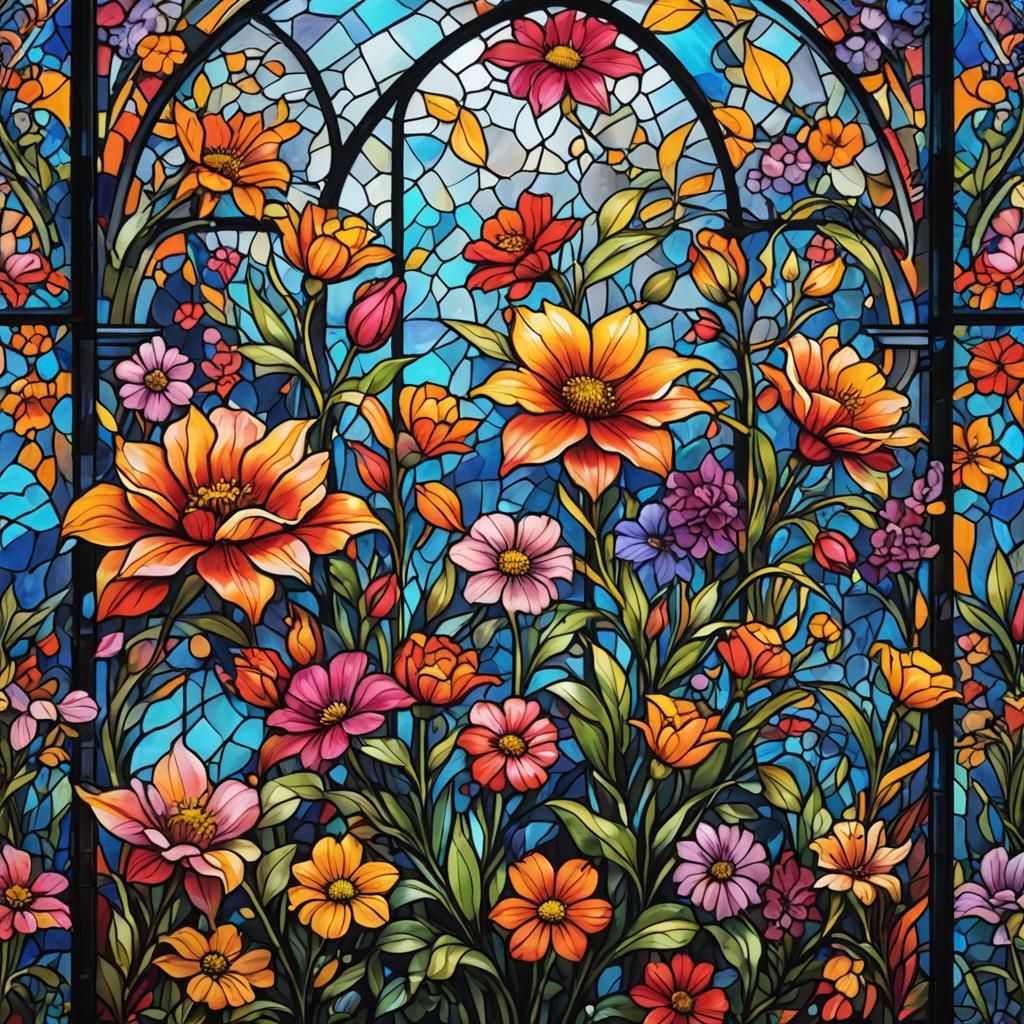 Vivid Floral Stained Glass in Graffiti Art Style