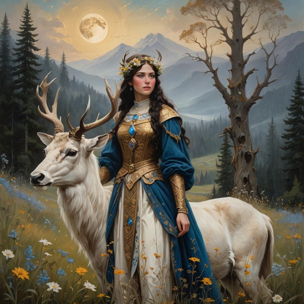 Renaissance Girl and White Stag in Meadow