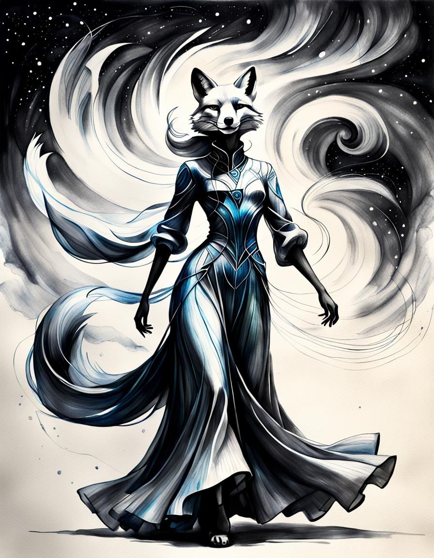 Cosmic Fox Dancer in Alcohol Ink Style