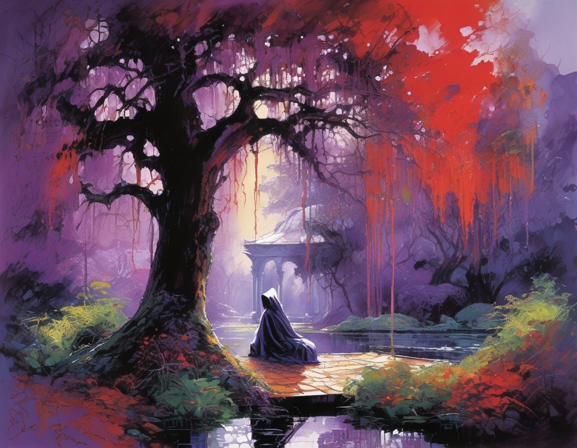 Figure in Red Gown in Enchanted Forest