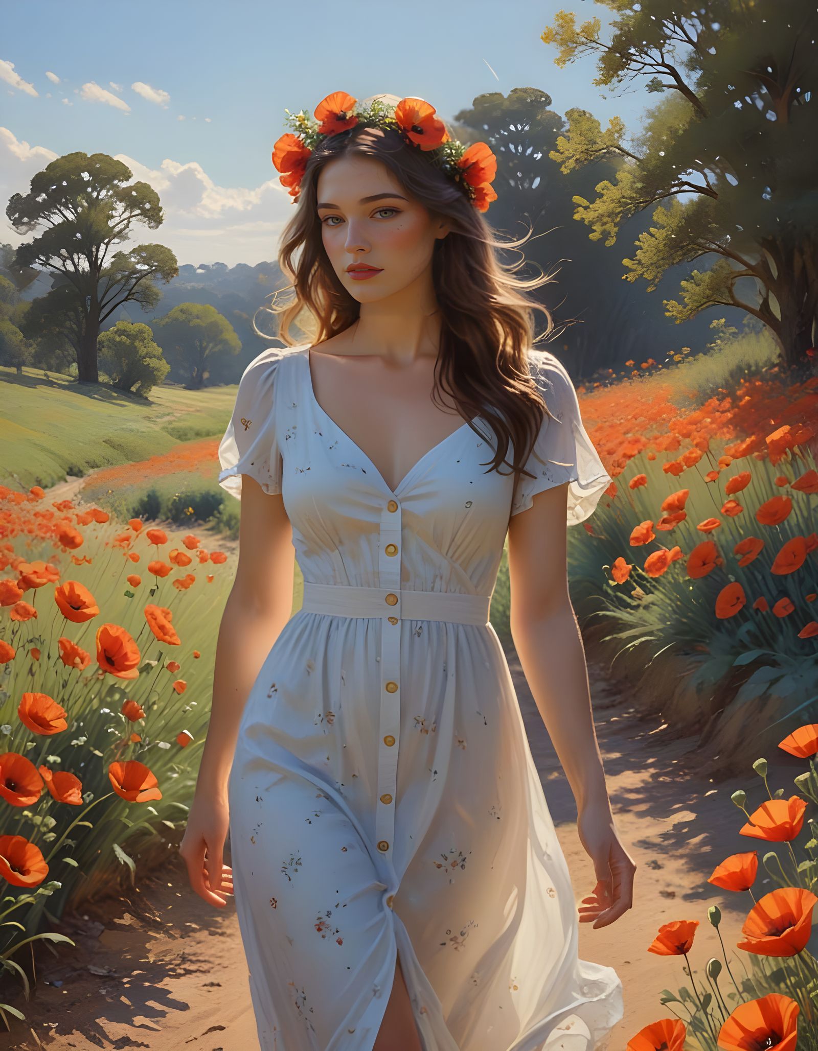 Ethereal Beauty Strolls Amidst Crimson Poppies in Whimsical...