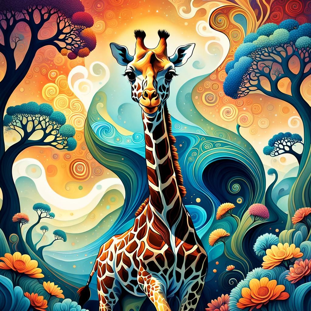 Whimsical Giraffe in Dreamlike Fractal Landscape