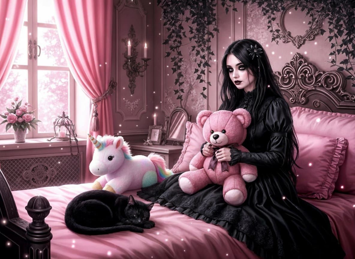 Fluffy Pink Unicorn Stuffed Animal Behind Cat With Darker Ey...