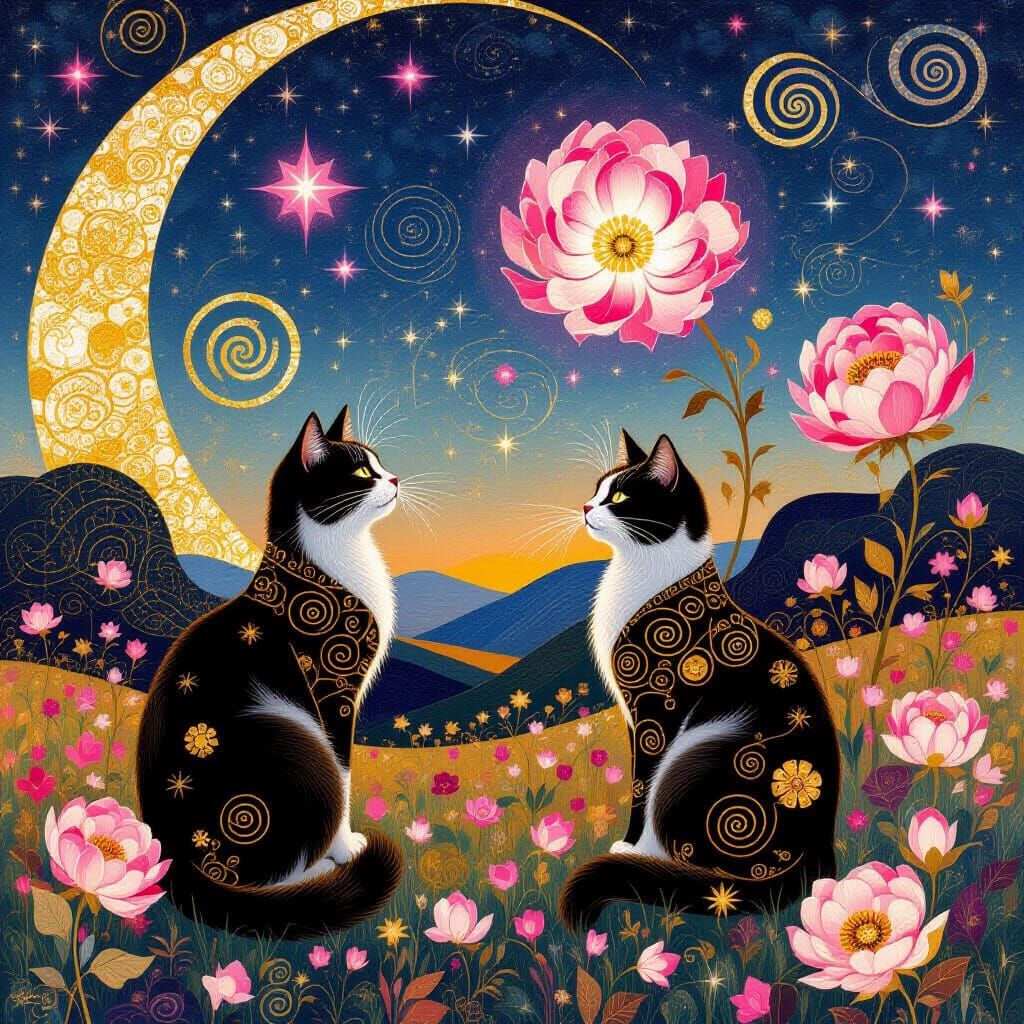 Lunar Cats and Singers in Klimt Gold Dreamscape