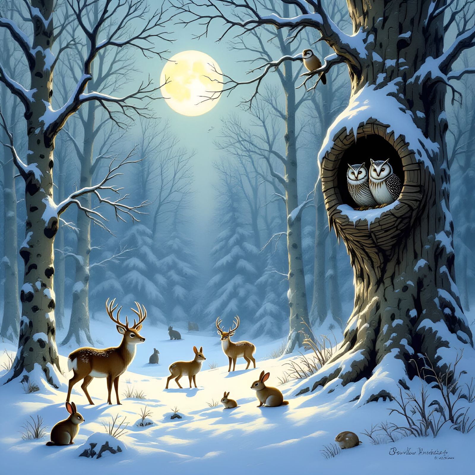 Moonlit Snowy Forest at Night with Animals