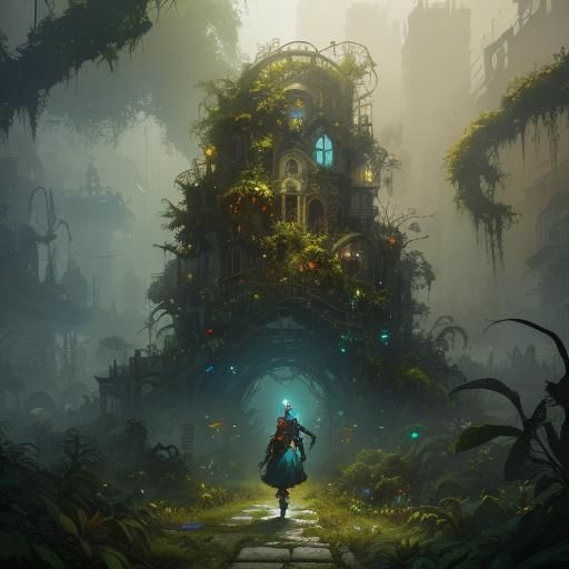 Lush Overgrown City with Voodoo Woman, Hyperdetailed Concept...