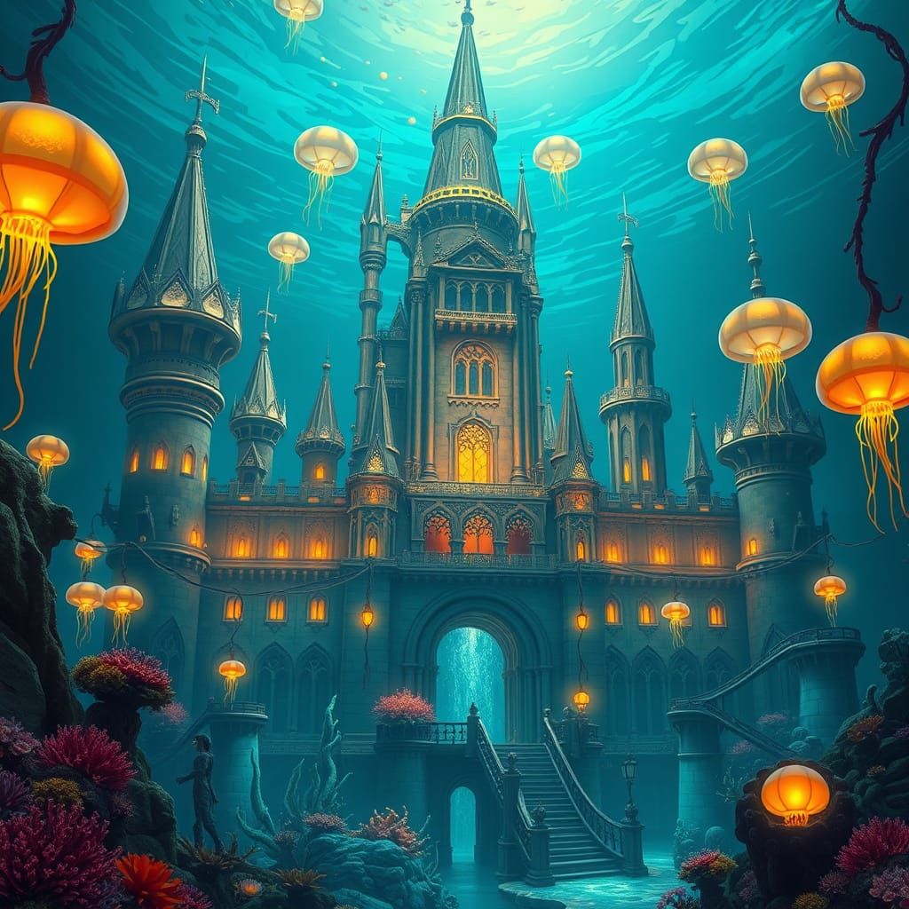Underwater Castle in the Spirit of Syd Mead and Simon Stalen...