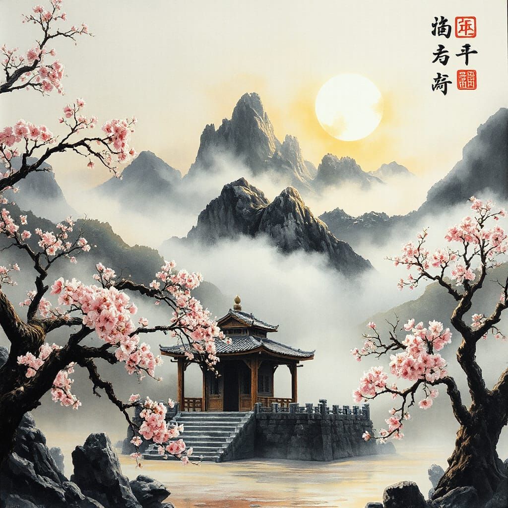 Sacred Mountain Temple in Mist with Blooming Cherry Trees