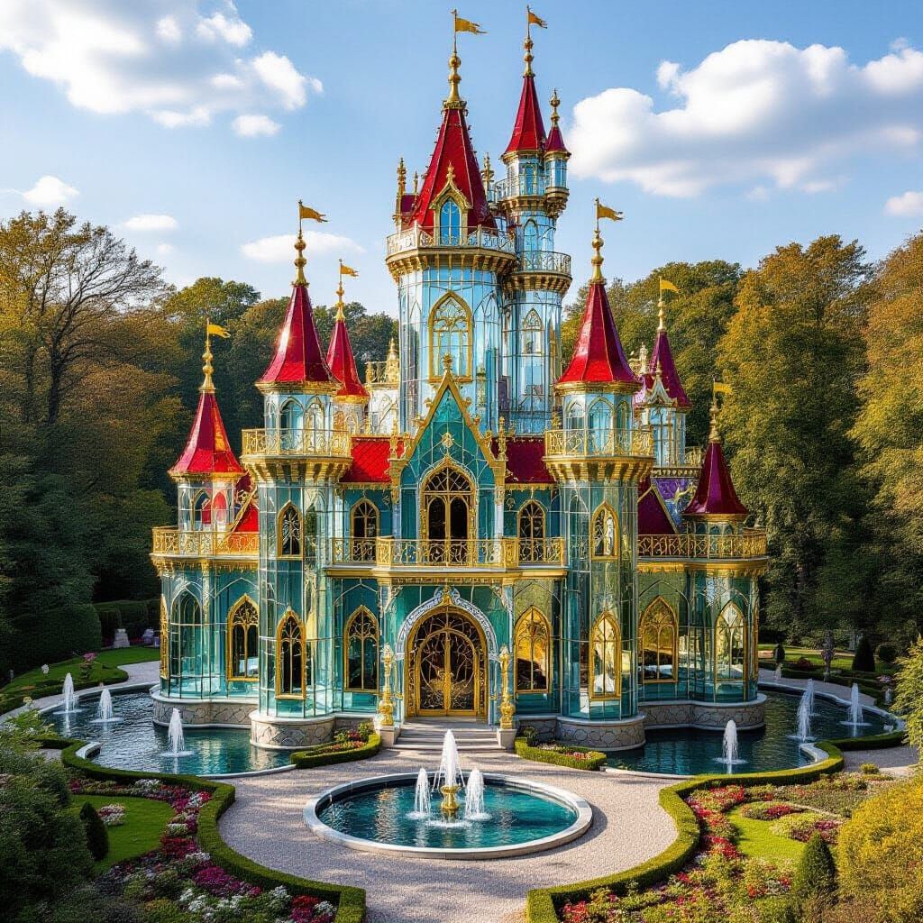 Glass Castle with Gold & Silver Ornaments in Neo-Gothic Styl...