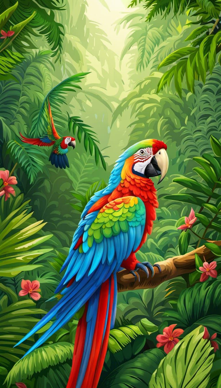 Macaw Bird Soaring Over Lush Jungle Canopy