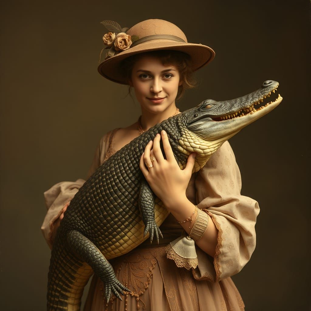 Edwardian Woman Holding a Crocodile
