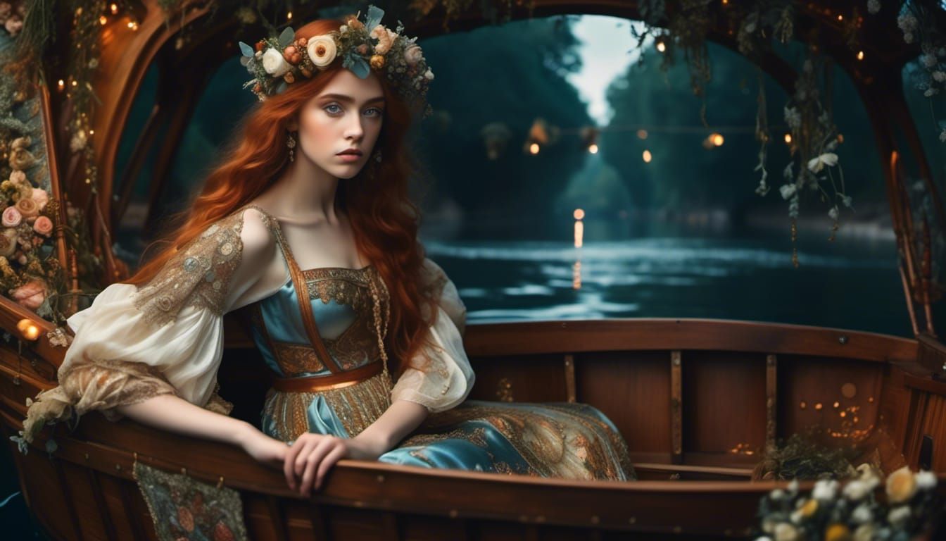 Sad Girl in Boat, Pre-Raphaelite Close Portrait