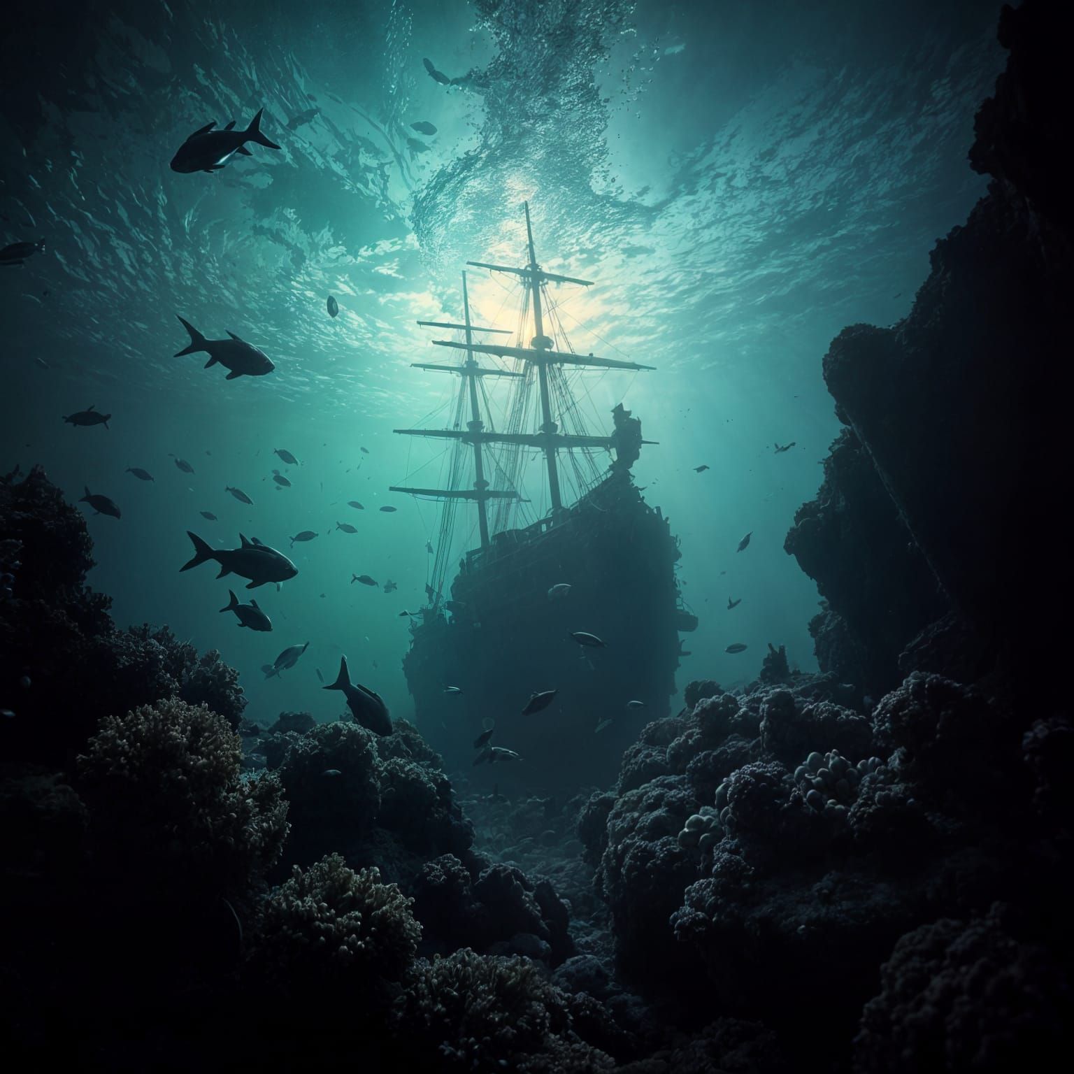 Ethereal Deep Sea Shipwreck Scene in Cinematic Aesthetic