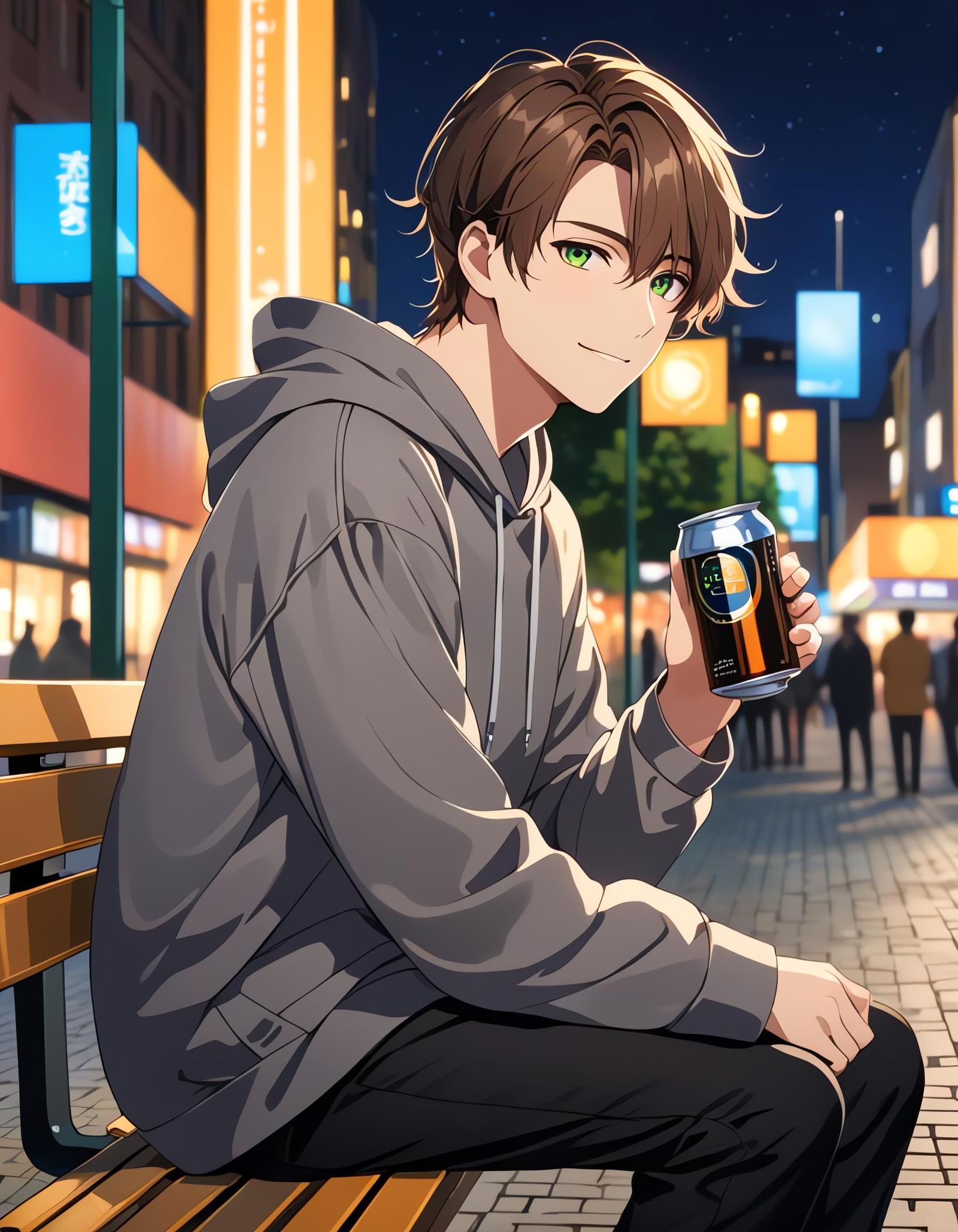 Boy with Drink Can in City Square at Night