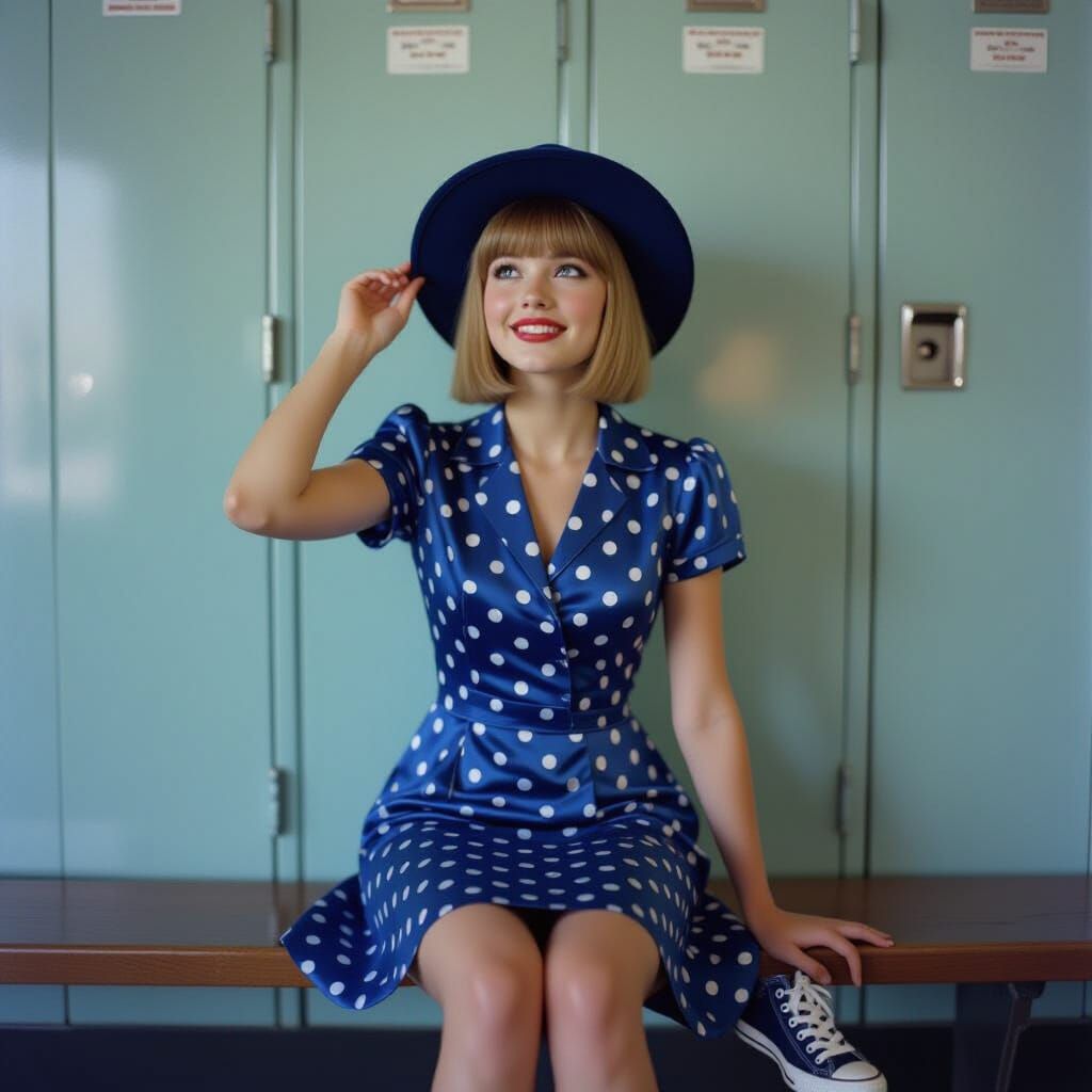 Candid French Girl Adjusting Hat, School Lockers