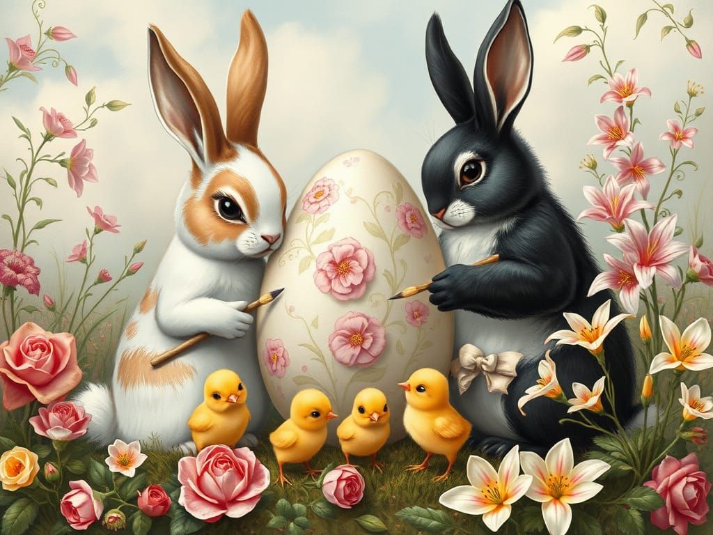 Bunnies and Chicks Painting Easter Eggs in Fairy Landscape