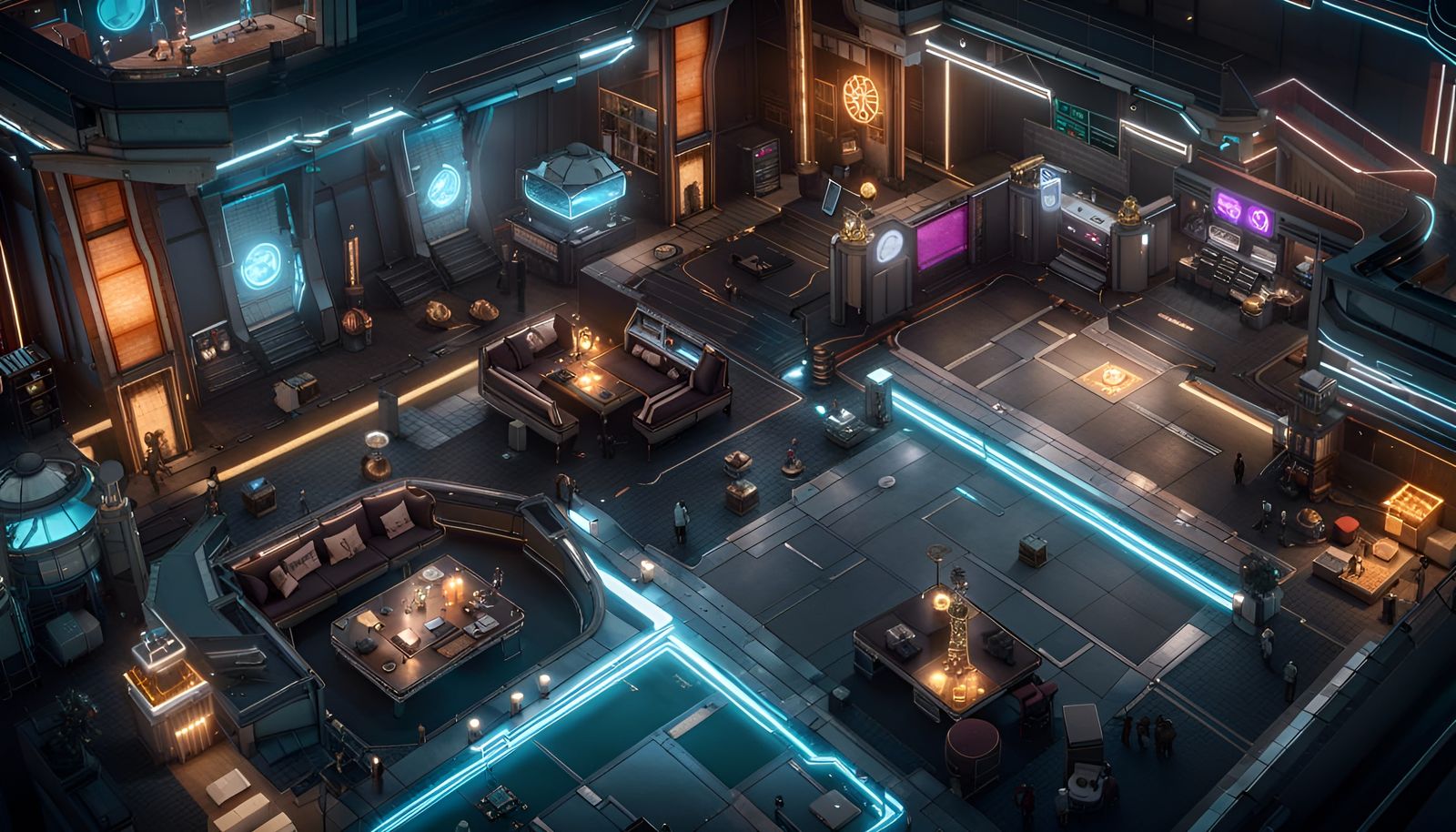 Cyberpunk Corporate Lobby in Top-Down RPG Style