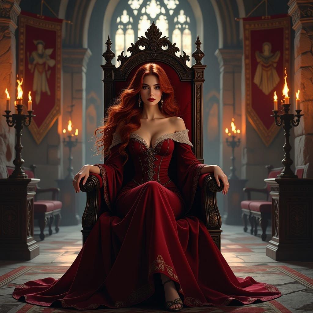Crimson Haired Queen on Ornate Throne in Ancient Hall
