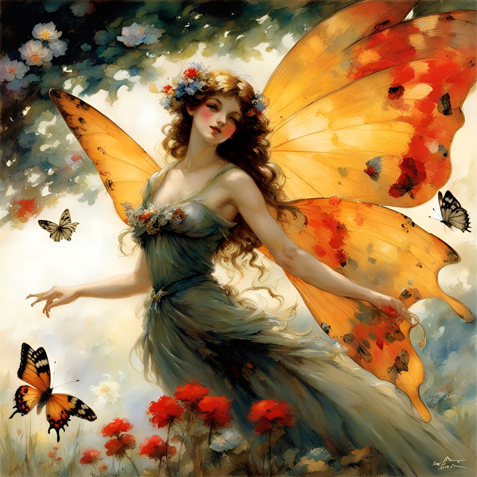 Butterfly Fairy in a butterfly garden, with beautiful perfect wings wearing a long flowing dress