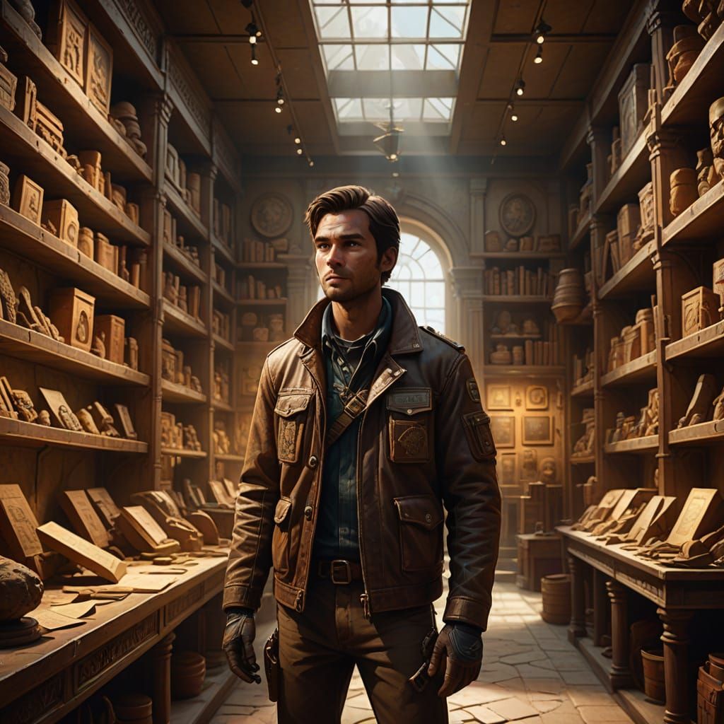 Adventurer Explores Dusty Museum in Detailed Illustration