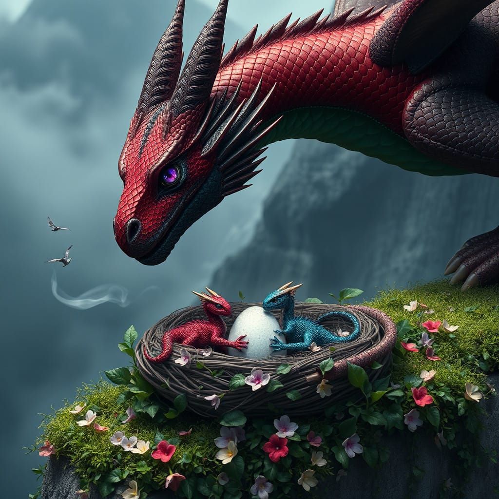 Majestic Dragon Mother Adores Her Nest of Precious Eggs