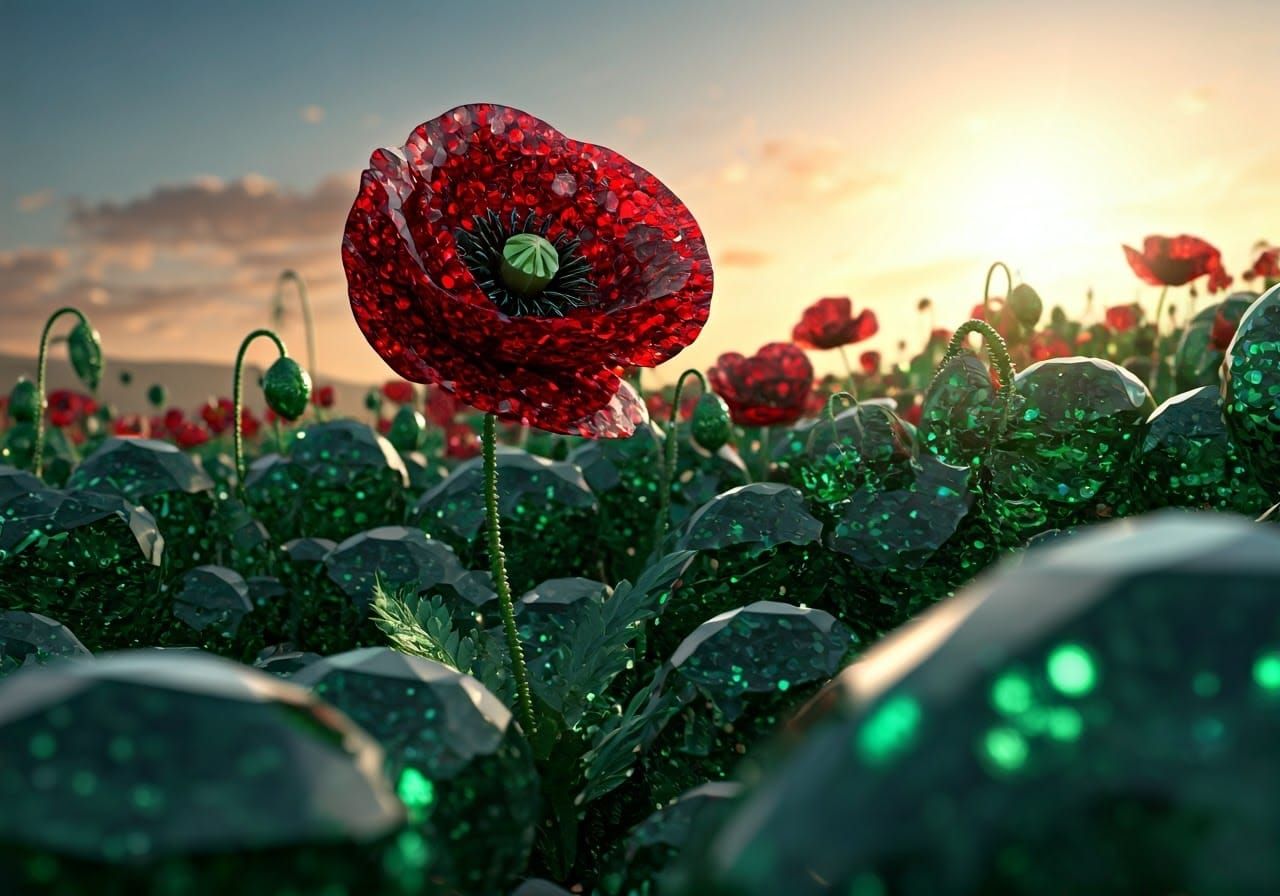 Emerald Ruby Poppy Field in Hyper-Realistic Detail